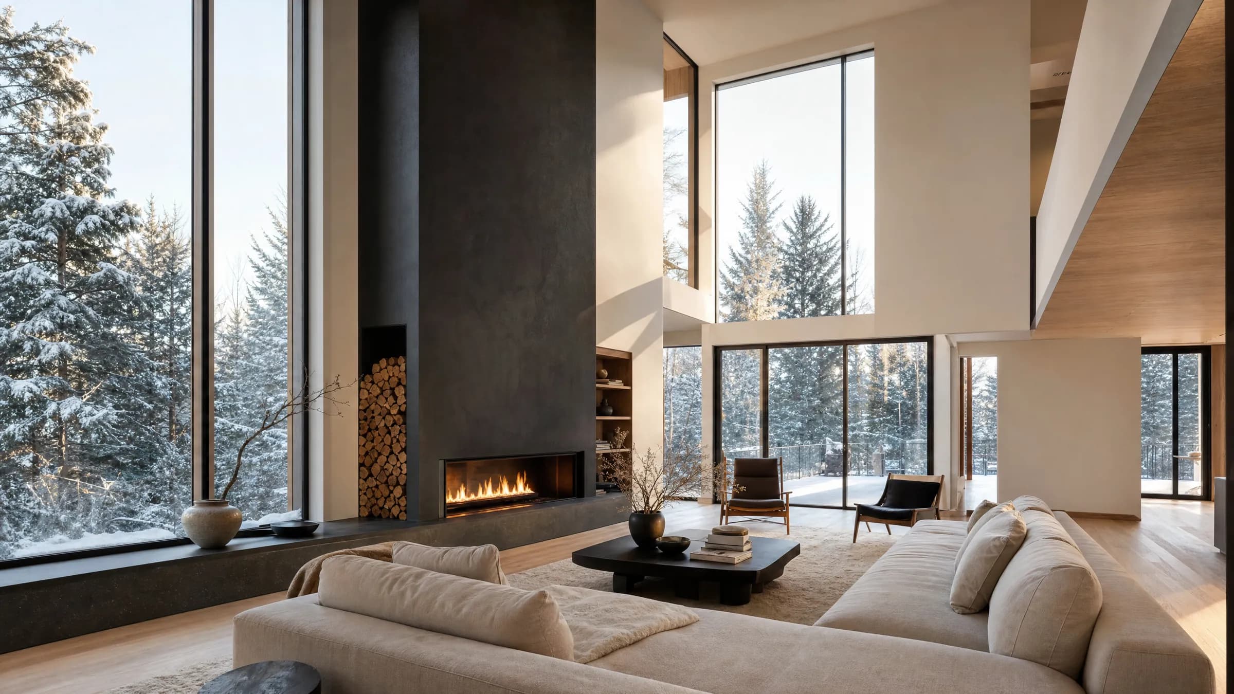 The same living room finished, warm white walls and a charcoal fireplace wall